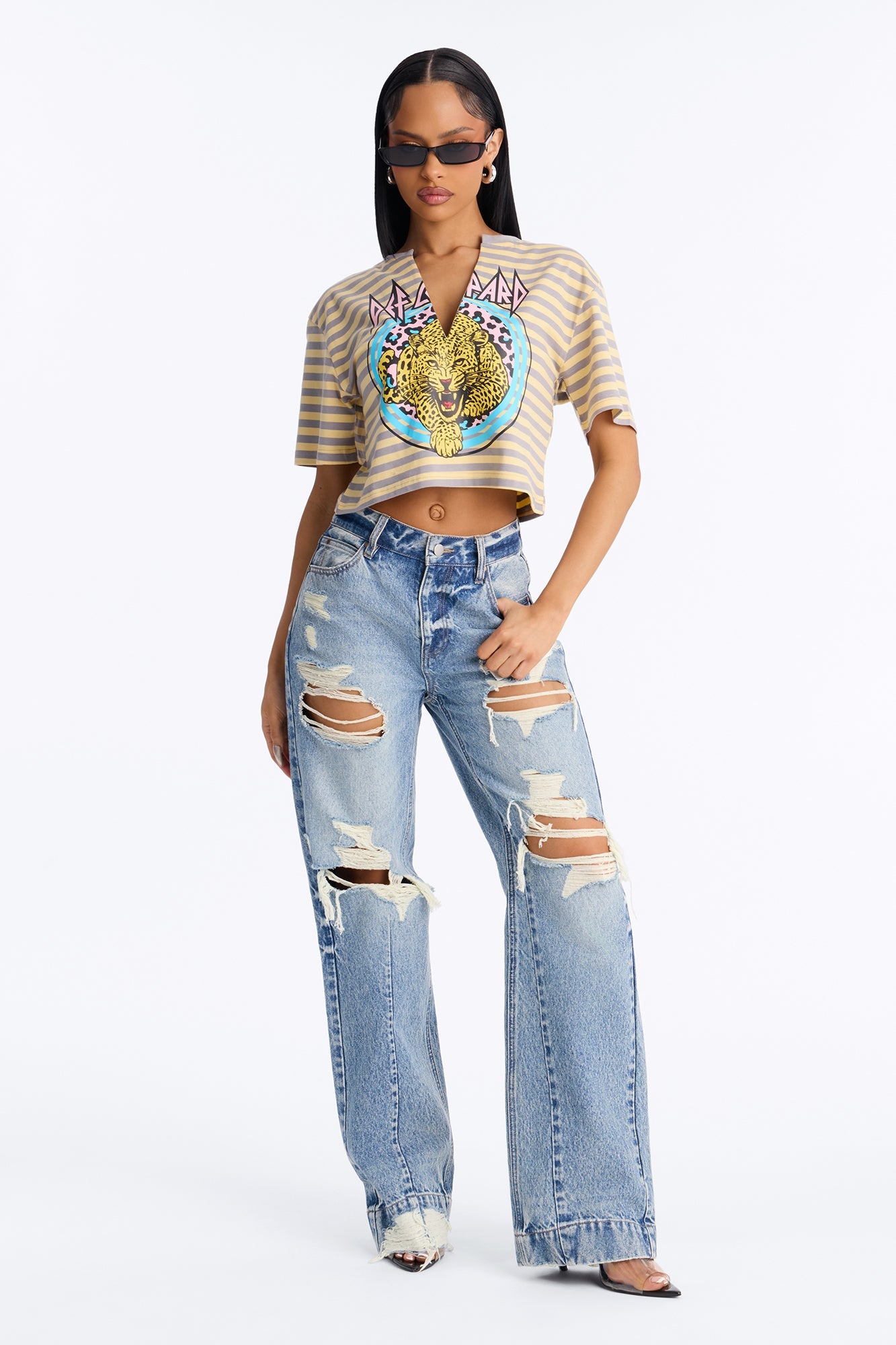 Def Leppard Stripe Crop Tee - Butter Yellow
