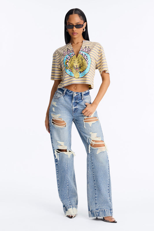 Def Leppard Stripe Crop Tee - Butter Yellow