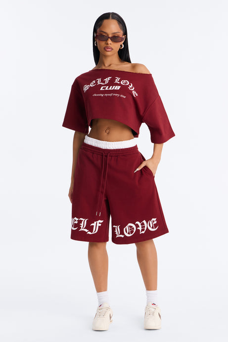 Self Love Club Off Shoulder French Terry Short Set - Burgundy