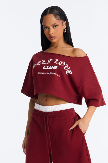 Self Love Club Off Shoulder French Terry Short Set - Burgundy