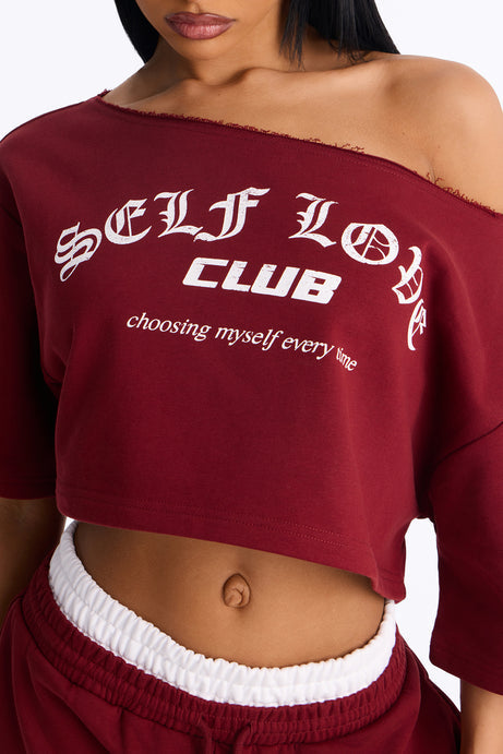 Self Love Club Off Shoulder French Terry Short Set - Burgundy