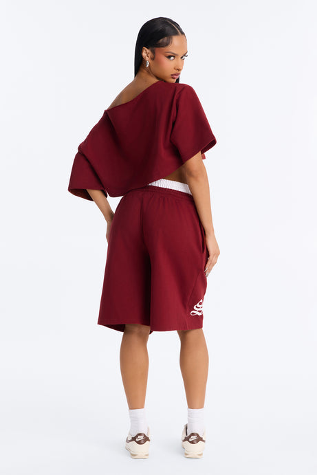 Self Love Club Off Shoulder French Terry Short Set - Burgundy