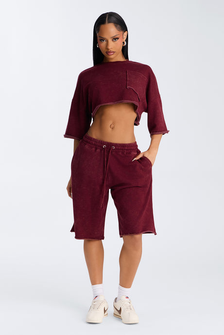 Trina Cropped French Terry Jort Set - Burgundy