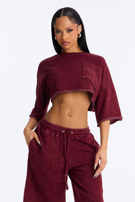 Trina Cropped French Terry Jort Set - Burgundy