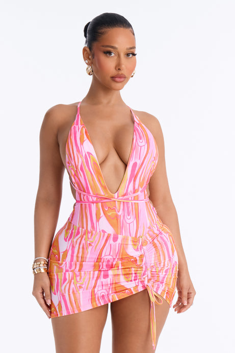 Atiana 1 Piece Swirl Halter Plunge Swimsuit & Mini Cover Up Skirt Set - Pink/combo