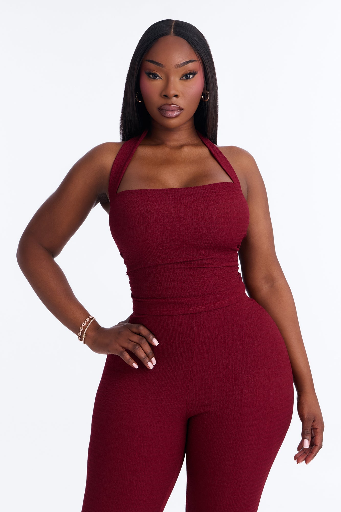 Delilah Textured Halter Capri Pant Set - Burgundy
