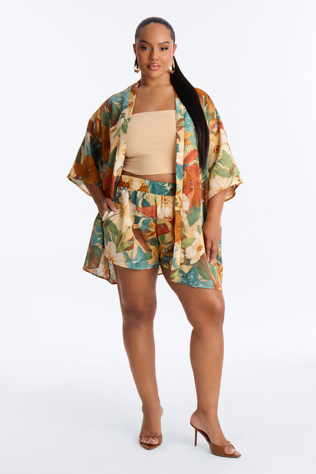 Relax & Renew Floral Linen Short Set - Green/combo