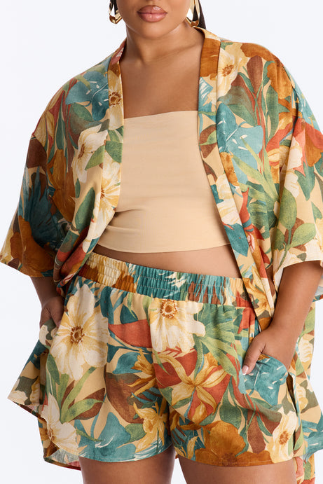 Relax & Renew Floral Linen Short Set - Green/combo