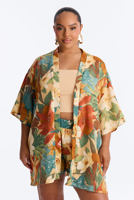 Relax & Renew Floral Linen Short Set - Green/combo
