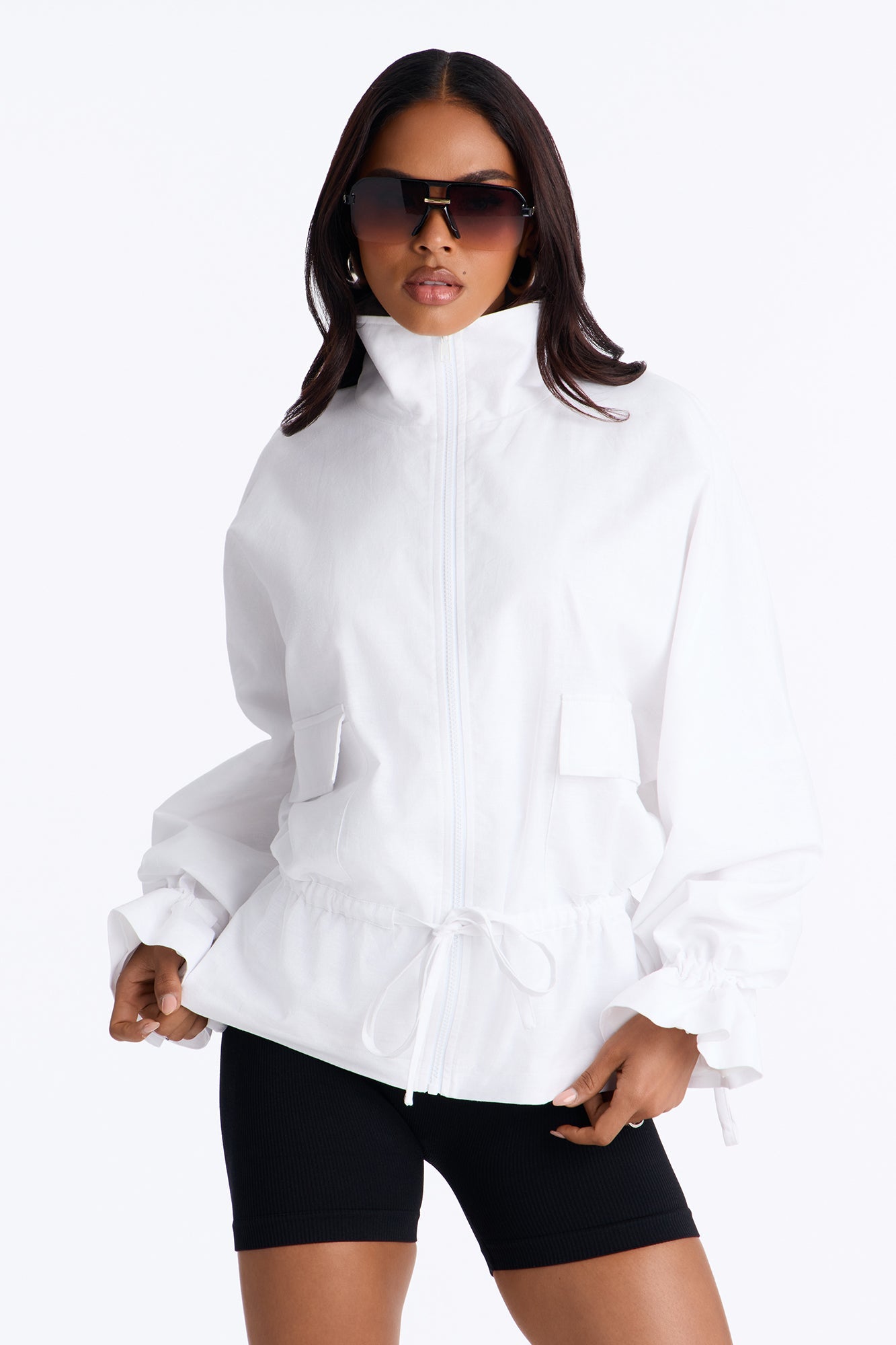 Effortless Linen Funnel Neck Anorak Jacket - White