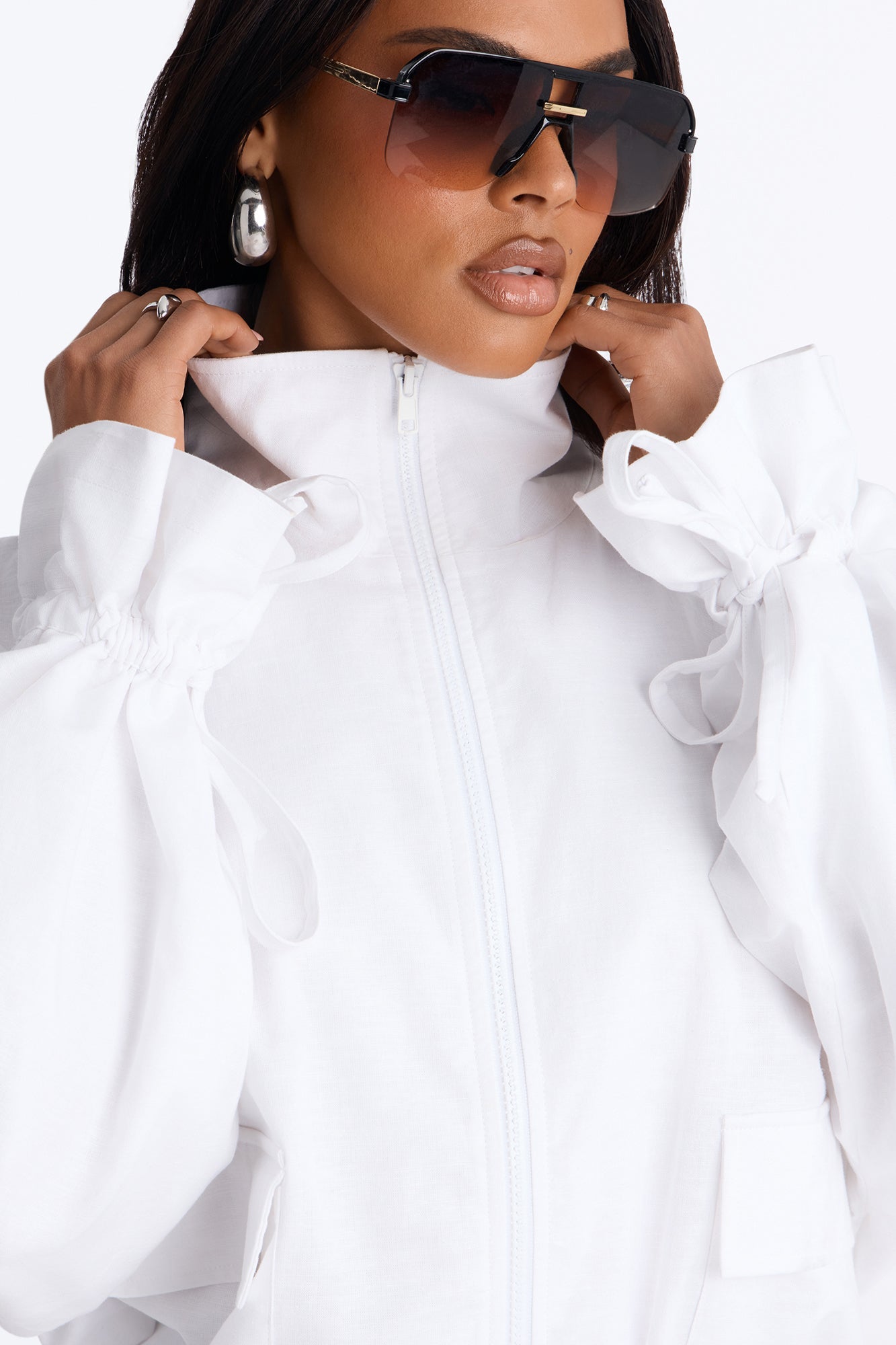 Effortless Linen Funnel Neck Anorak Jacket - White