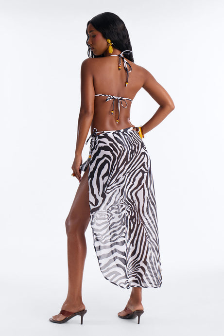 Tulum Dream 3 Piece Zebra Print Triangle Bikini & Cover Up Maxi Sarong Sunsuit - Black/White