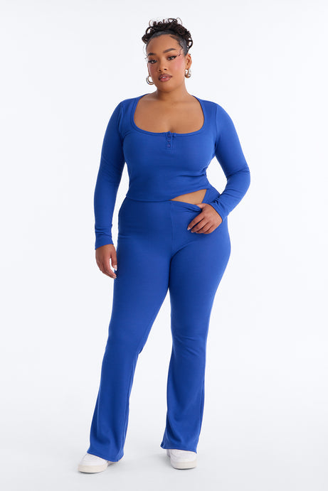 Marissa Long Sleeve Waffle Pant Set - Blue