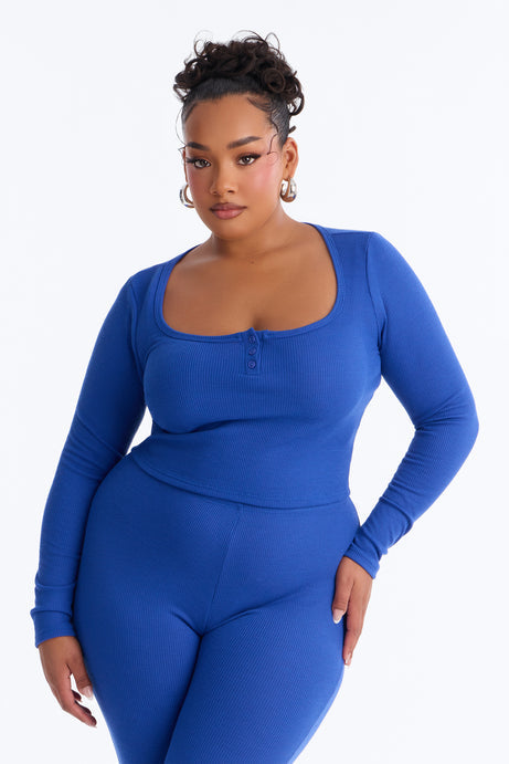 Marissa Long Sleeve Waffle Pant Set - Blue