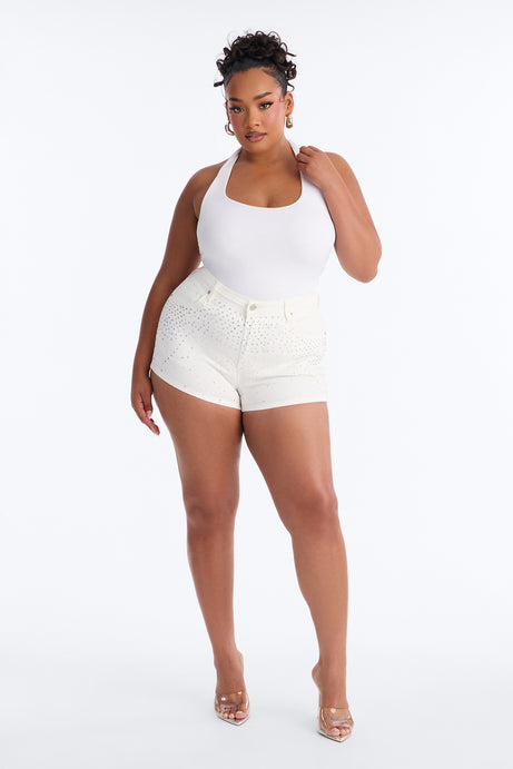 Silver Smoke Embellished Denim Shorts - White