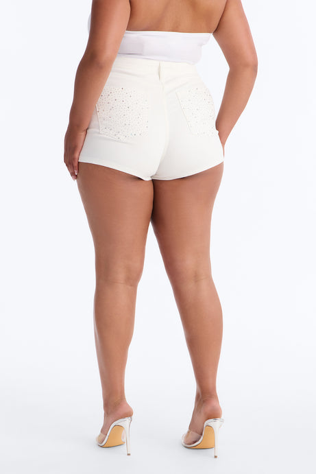 Silver Smoke Embellished Denim Shorts - White