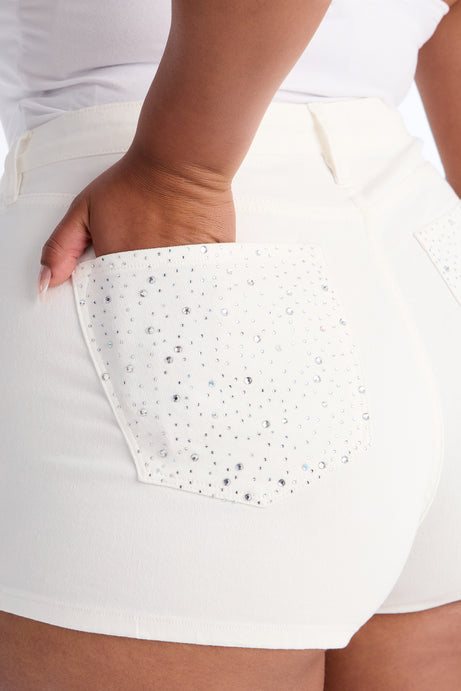 Silver Smoke Embellished Denim Shorts - White