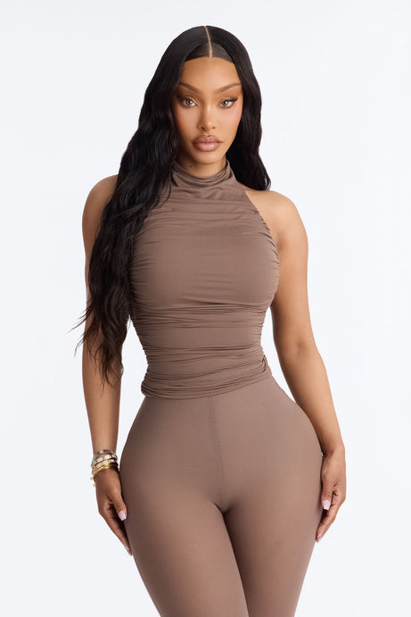 Second Skin Double Lined Ruched Mock Neck Halter Top - Brown