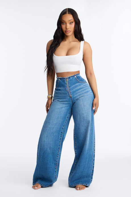 In My Dreams Cut Off Waistband Baggy Jeans - Medium Wash