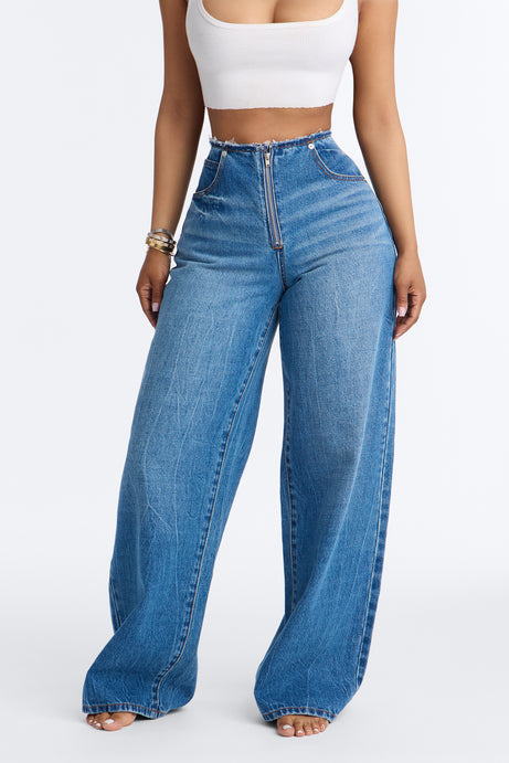 In My Dreams Cut Off Waistband Baggy Jeans - Medium Wash