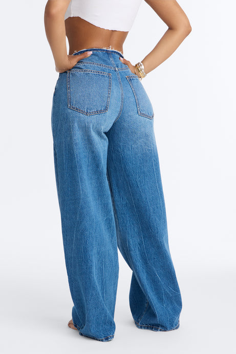 In My Dreams Cut Off Waistband Baggy Jeans - Medium Wash
