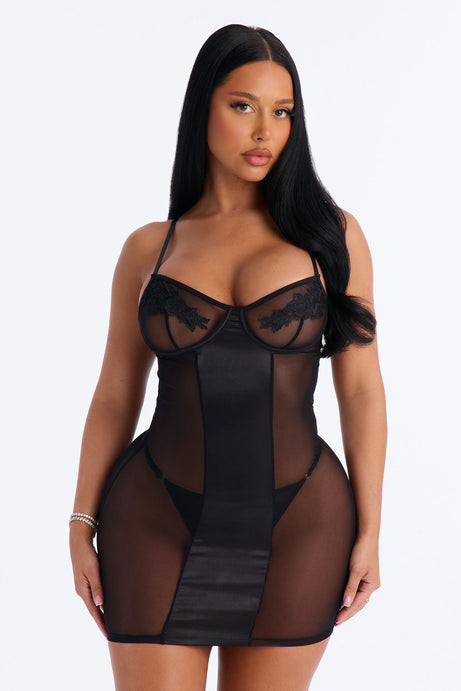 Best Of Luck Satin Mesh Chemise - Black