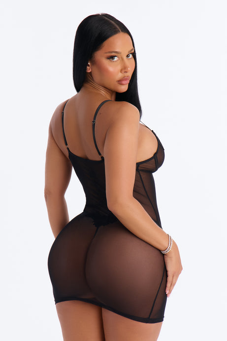 Best Of Luck Satin Mesh Chemise - Black