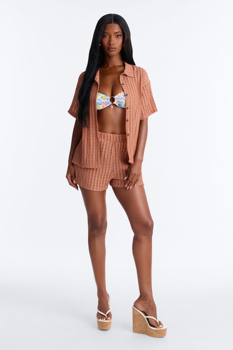 Seaside Vacation Button Up Cover Up Shorts Set - Mocha