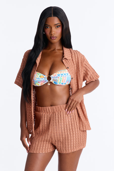Seaside Vacation Button Up Cover Up Shorts Set - Mocha