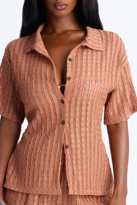Seaside Vacation Button Up Cover Up Shorts Set - Mocha