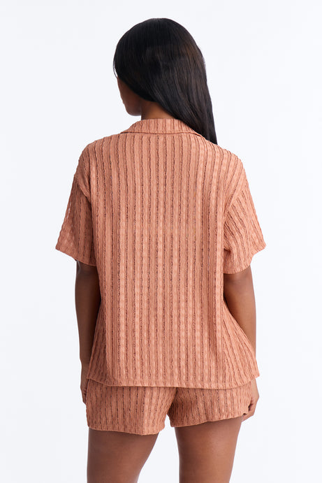 Seaside Vacation Button Up Cover Up Shorts Set - Mocha