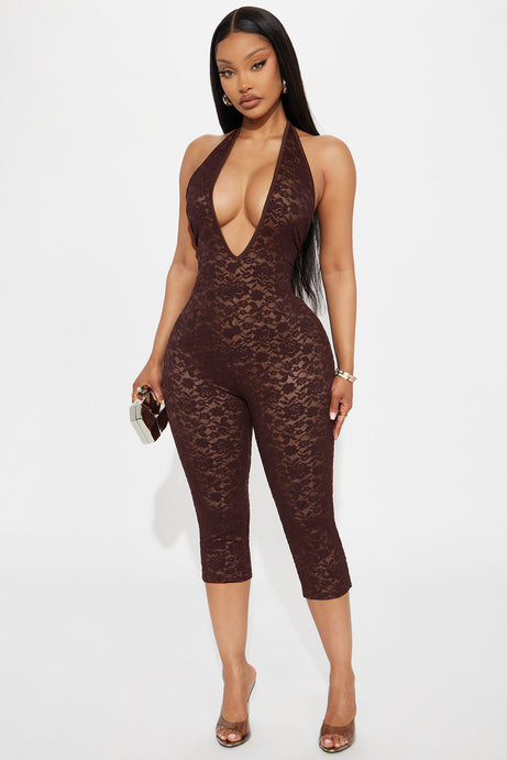 Midnight Strolls Backless Lace Jumpsuit - Chocolate