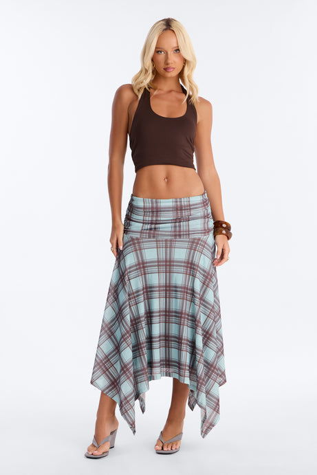 Delilah Asymmetrical Plaid Midi Skirt - Blue/combo