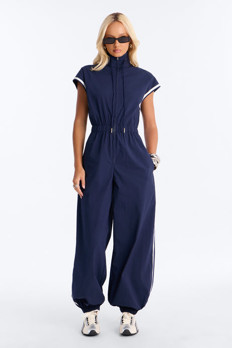 Out The Door Windbreaker Jogger Pant Jumpsuit - Navy
