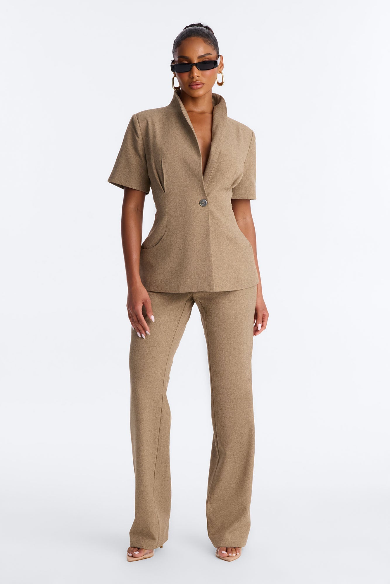 Panthere Short Sleeve Rounded Stand Collar Blazer - Caffe