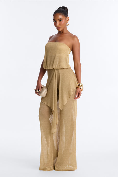 Nessa Metallic Knit Strapless Jumpsuit - Gold
