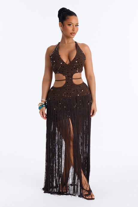 Renee Fringe Crochet Maxi Dress - Brown