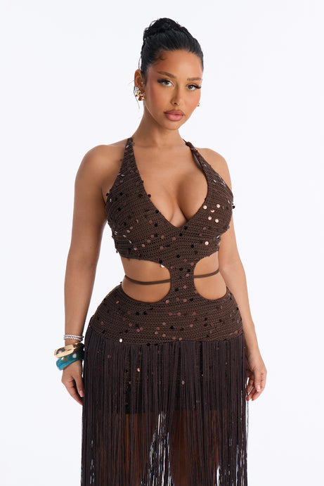 Renee Fringe Crochet Maxi Dress - Brown