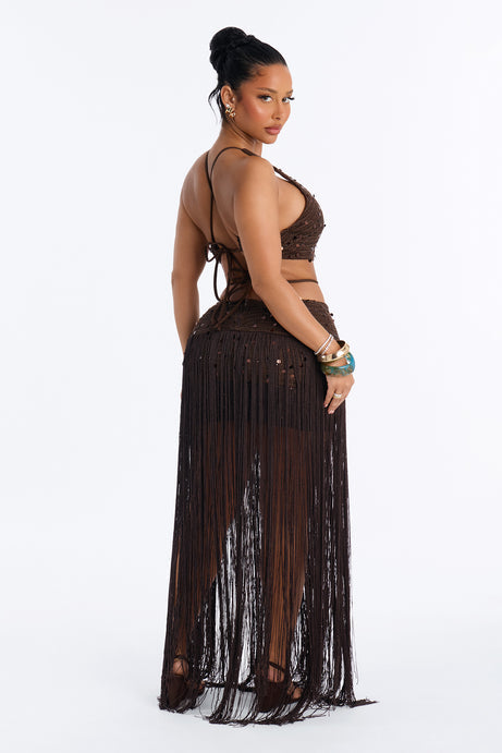 Renee Fringe Crochet Maxi Dress - Brown