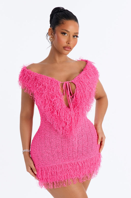 Nina Deep Cowl Sweater Mini Dress - HotPink