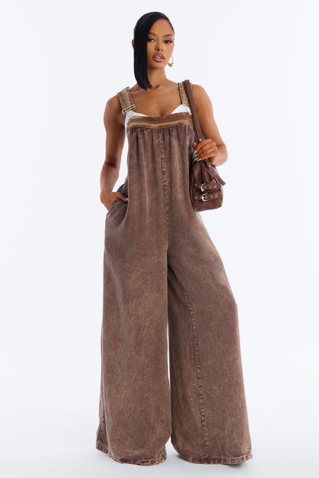 Nora Washed Wide Leg Jumpsuit - Chocolate