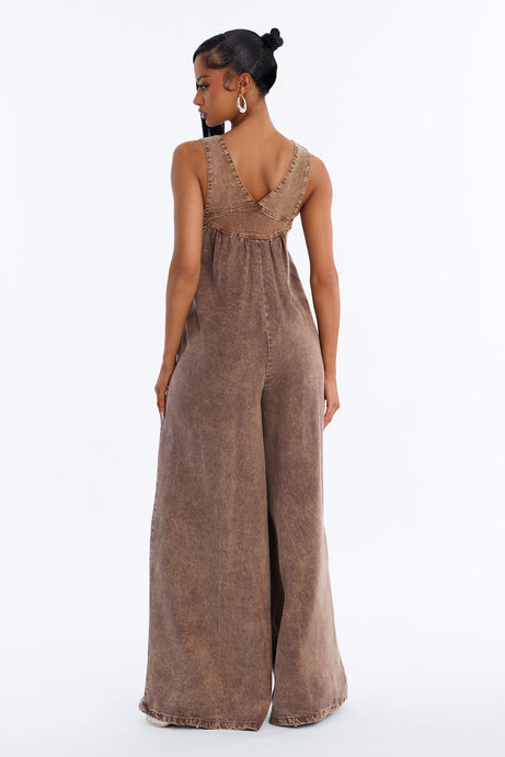 Nora Washed Wide Leg Jumpsuit - Chocolate