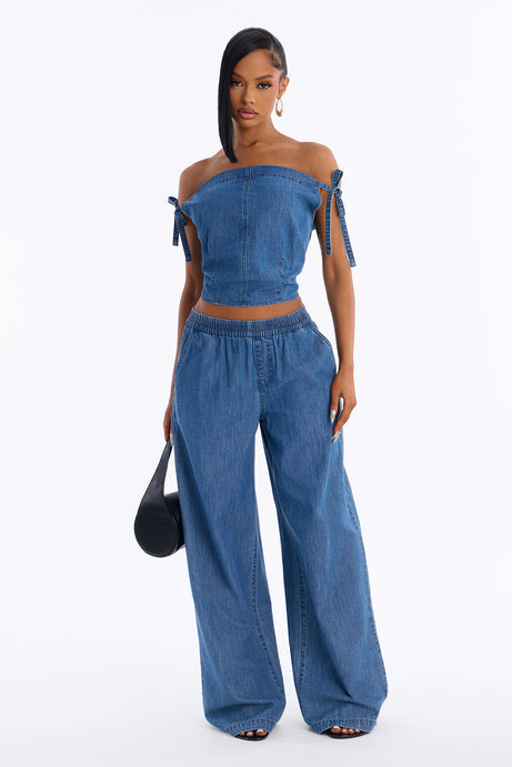 Brynn Off The Shoulder Wide Leg Denim Set - Medium Wash
