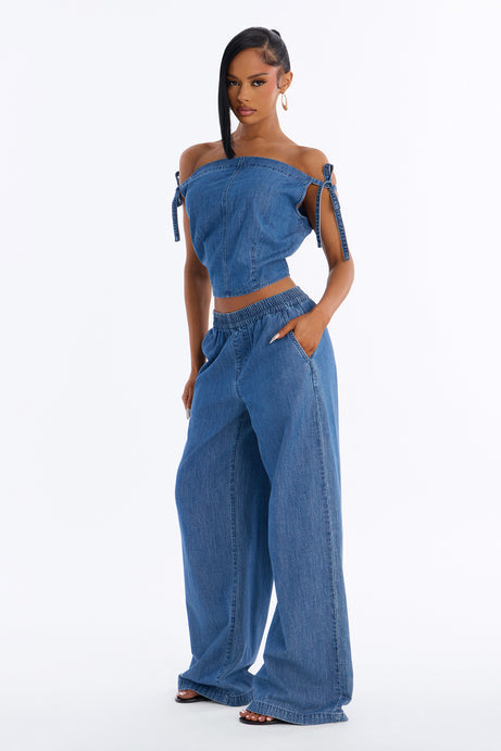 Brynn Off The Shoulder Wide Leg Denim Set - Medium Wash