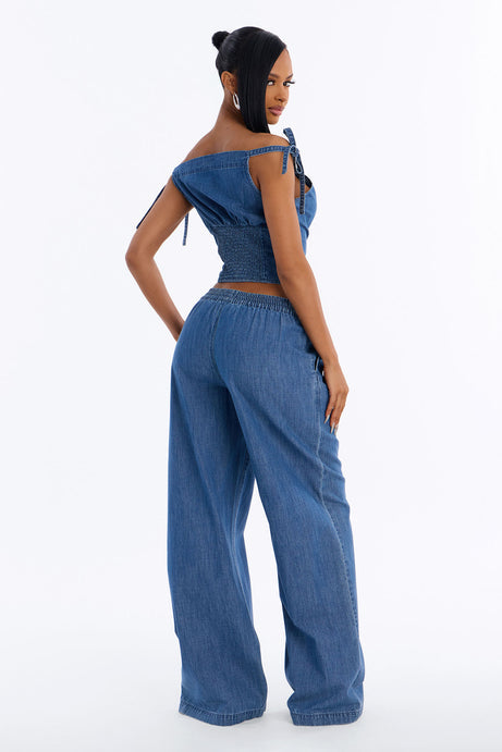 Brynn Off The Shoulder Wide Leg Denim Set - Medium Wash