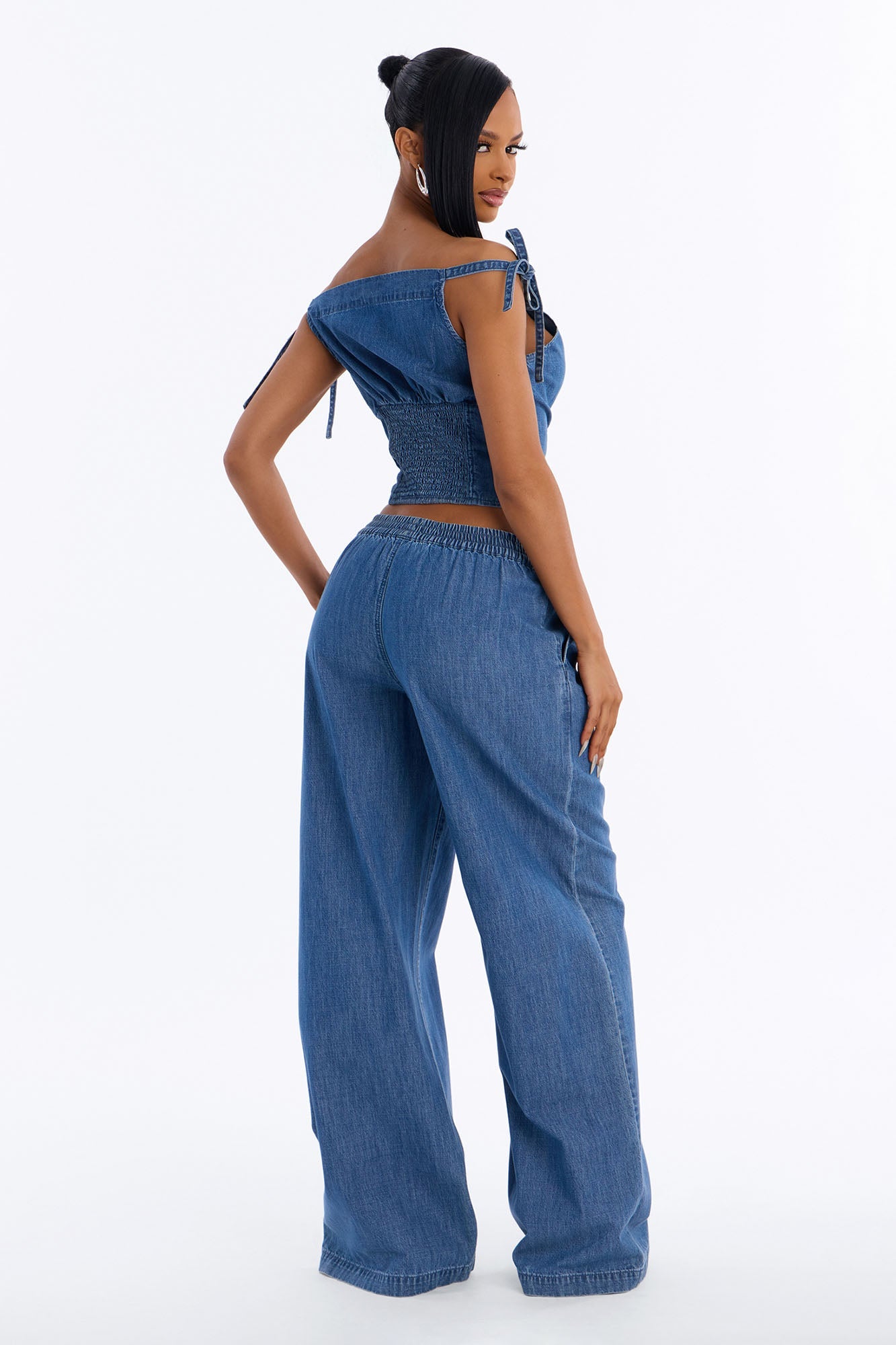 Brynn Off The Shoulder Wide Leg Denim Set - Medium Wash