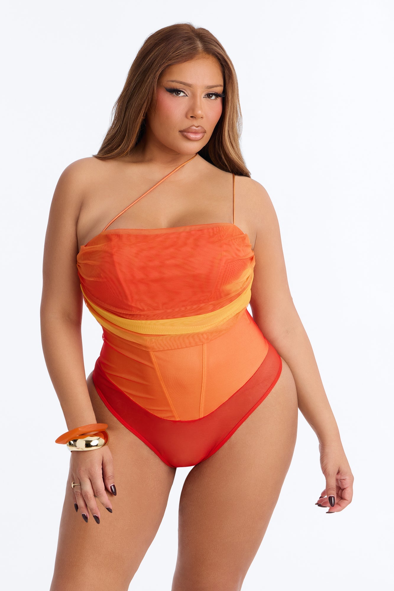 Adeline One Shoulder Mesh Bodysuit - Orange/combo