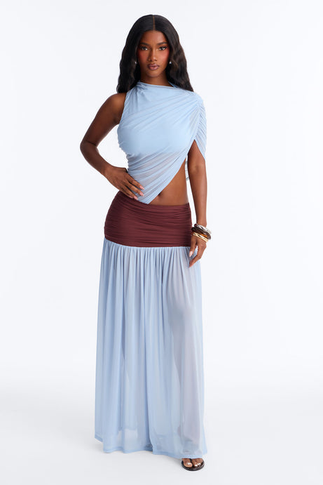 Delilah Draped Mesh Maxi Dress - Blue/combo