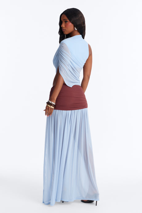 Delilah Draped Mesh Maxi Dress - Blue/combo