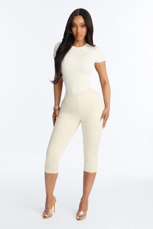 Second Skin Double Lined Crew Neck Short Sleeve Bodysuit - Bone